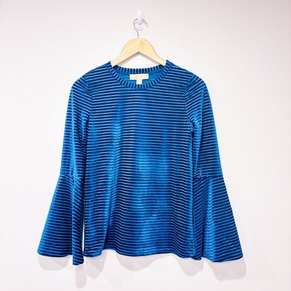 MICHAEL KORS Teal blue velvet striped bell sleeve top | X-Small * - Picture 3 of 10